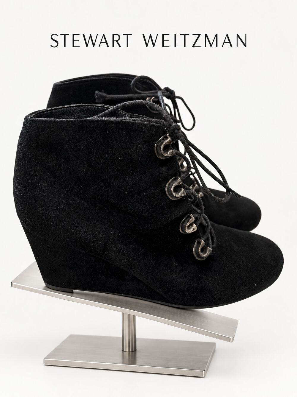Stuart Weitzman Kidstuff Black Suede Lace-Up Wedge Booties Women’s 9.5M